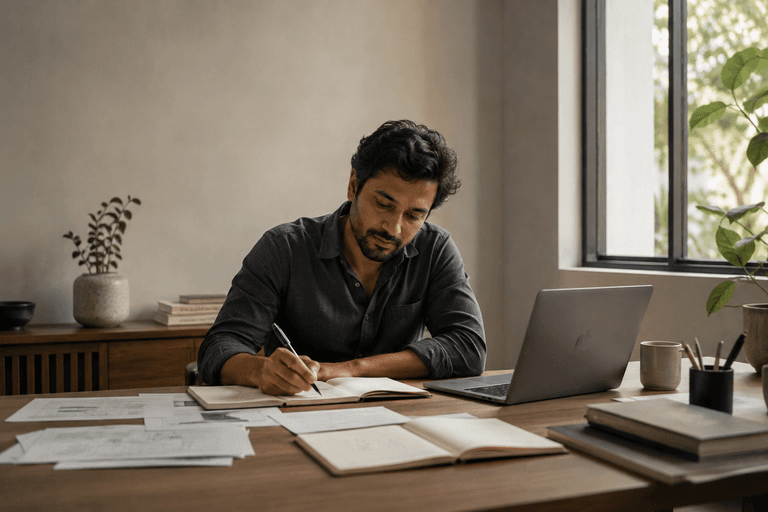 Working through notes at a desk